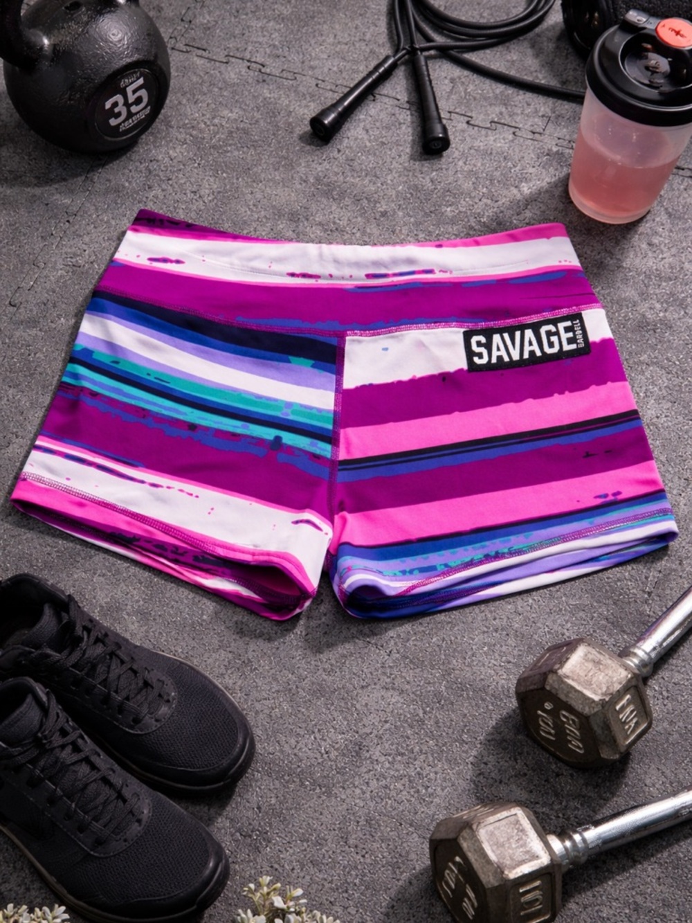 Savage Barbell Purple and Pink Striped Workout Booty Shorts Women’s Size M